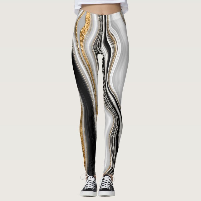 Elegant Stilfull Svart Vit Marmor Leggings (Framsida)