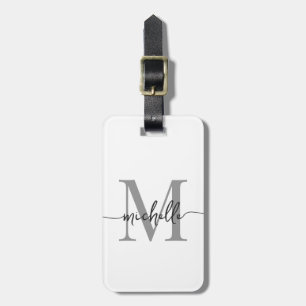 Elegant Stilfull Vit Grå Monogram Initial Stilskri Bagagebricka