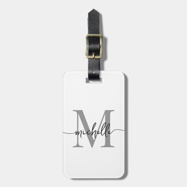 Elegant Stilfull Vit Grå Monogram Initial Stilskri Bagagebricka (Vertikal Framsida)