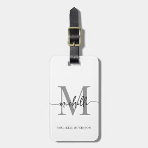 Elegant Stilfull Vit Grå Monogram Initial Stilskri Bagagebricka
