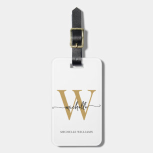 Elegant Stilfull Vit Guld Monogram Initial Skrift Bagagebricka