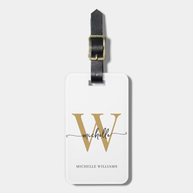 Elegant Stilfull Vit Guld Monogram Initial Skrift Bagagebricka (Vertikal Framsida)