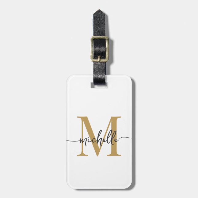 Elegant Stilfull Vit Guld Monogram Initial Skrift Bagagebricka (Vertikal Framsida)