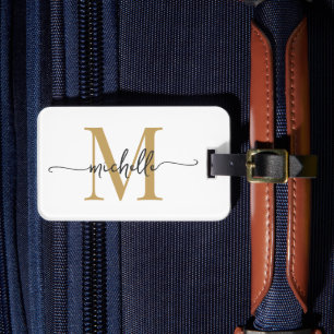 Elegant Stilfull Vit Guld Monogram Initial Skrift Bagagebricka