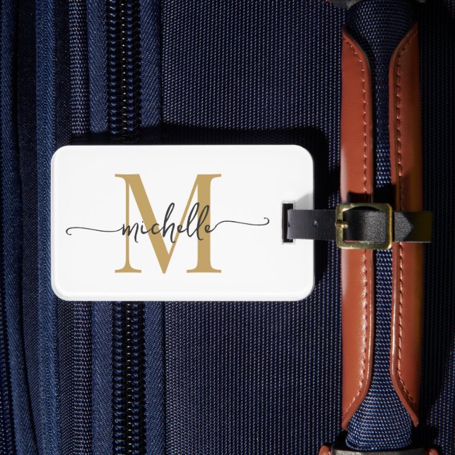 Elegant Stilfull Vit Guld Monogram Initial Skrift Bagagebricka (Framsida Insitu 4)