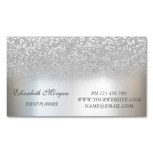 Elegant Stilren Modern Silver Glitter Magnetiska Visitkort (Framsida)