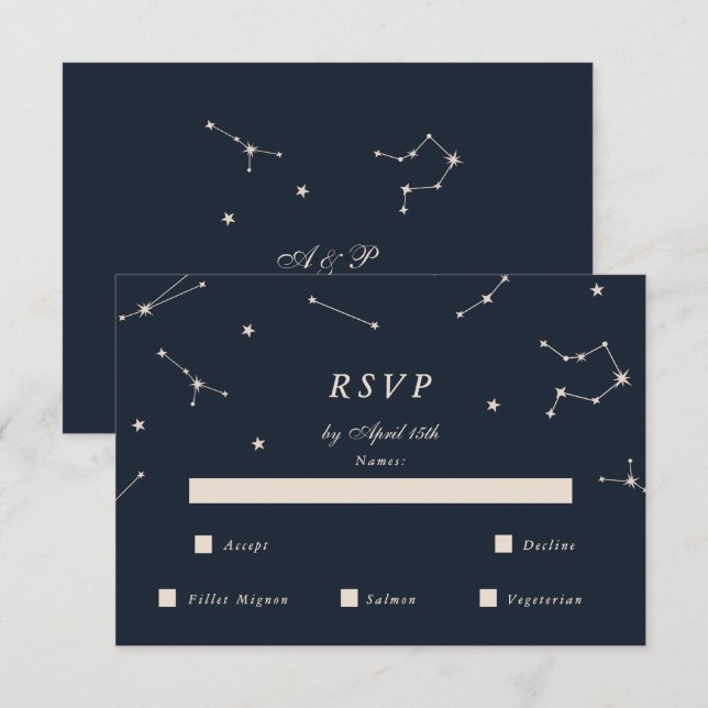 Elegant stjärnbild blå och silver bröllops-RSVP OSA Kort (Fram/baksida)