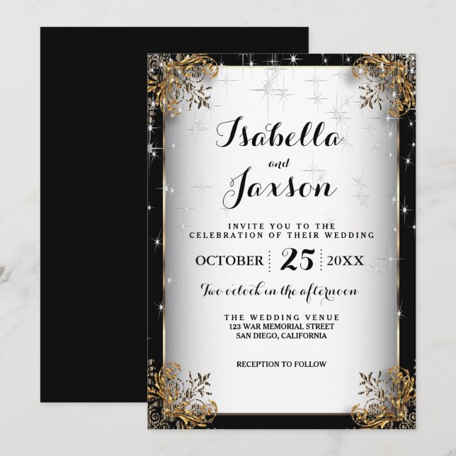 Elegant stjärnklar nattbröllop i svart och guld inbjudningar (Fram/baksida)