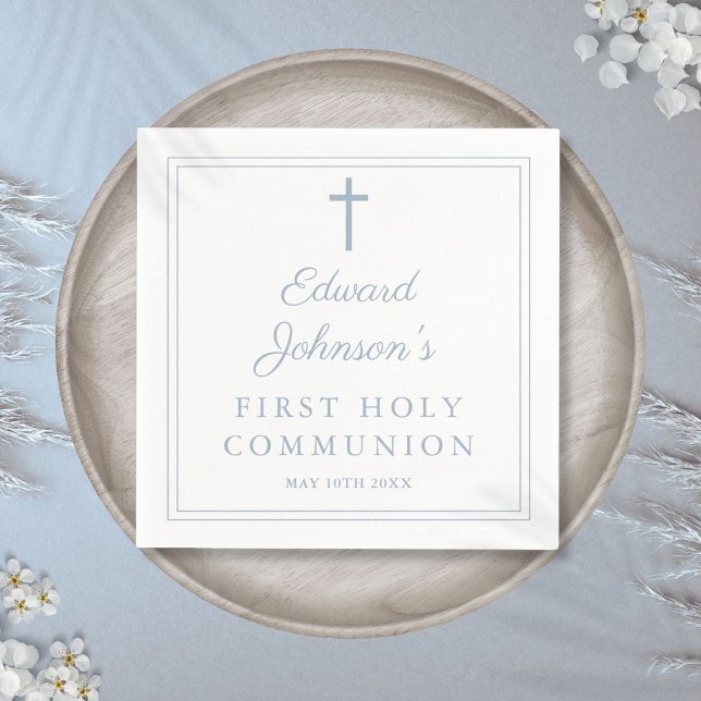 Elegant stoftig blå kant Första kommunion Pappersservett (Elegant Dusty Blue Border First Holy Communion Napkins)