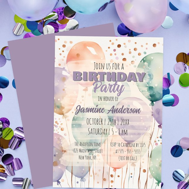 Elegant Stollig Pastel Watercolor Balloon Birthday Inbjudningar (Skapare uppladdad)