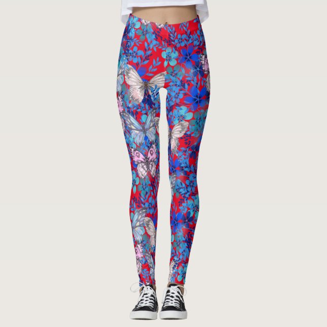 Elegant Stora färgstarka blomsterblommor på rött Leggings (Framsida)