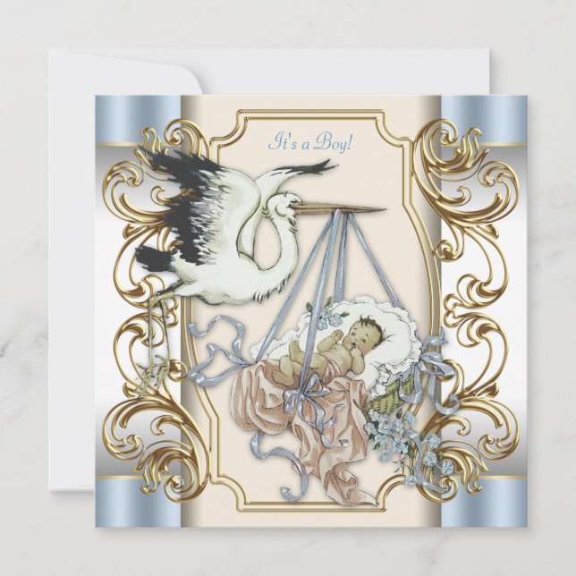 Elegant Stork Baby Boy Shower Inbjudningar (Framsida)
