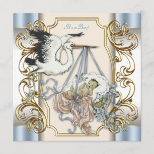 Elegant Stork Baby Boy Shower Inbjudningar