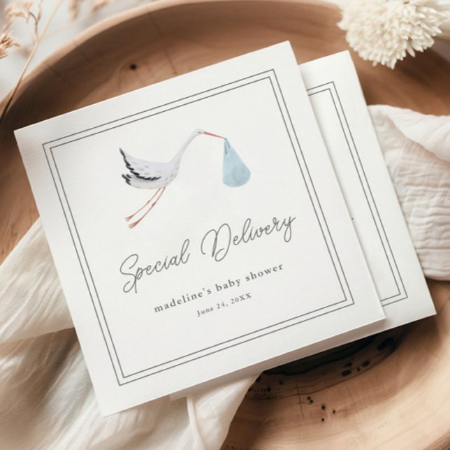 Elegant Stork Baby Shower Pappersservett (Elegant hand painted stork blue boys baby shower napkins.)