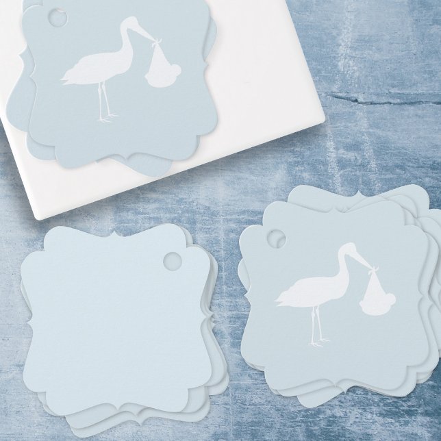Elegant Stork Delivery Simple Blue Baby Shower Gåvor Etiketter (Cute blue favour tags perfect for a blue baby shower)