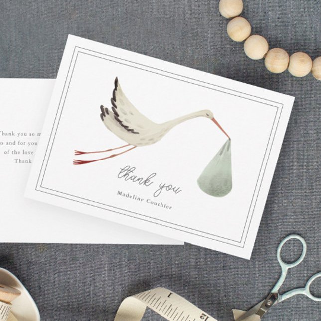 Elegant Stork Gender Neutral Baby Shower Tack Kort (Elegant hand painted stork sage gender neutral baby shower thank you cards.)
