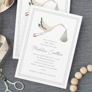 Elegant stork könsneutral baby shower inbjudningar