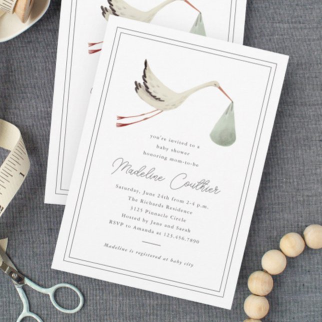 Elegant stork könsneutral baby shower inbjudningar (Elegant hand painted stork gender neutral baby shower invitations.)