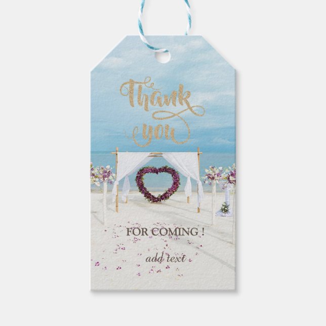 Elegant strandbröllop blomsterutsmyckad lövgång    presentetikett (Framsidan)
