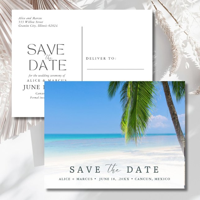 Elegant strandbröllop Spara datum Meddelande Vykort (Elegant Beach Wedding Save the Date Announcement Postcard)