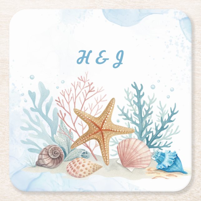 Elegant strandinspirerad kustbröllop underlägg papper kvadrat (Framsidan)