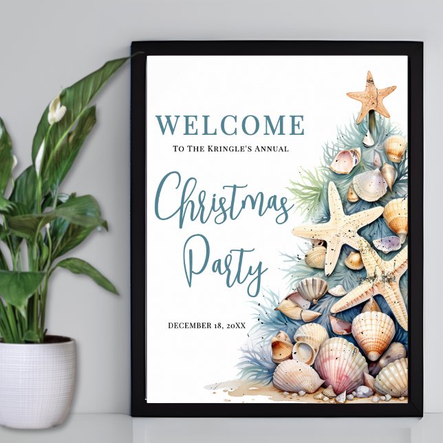 Elegant strandjulparty välkomstskylt poster (Elegant Beach Christmas Party Welcome Sign )