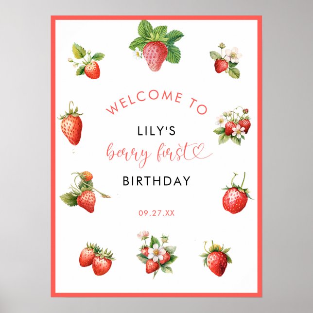 Elegant Strawberry Berry First Födelsedagsfest Sig Poster (Framsidan)