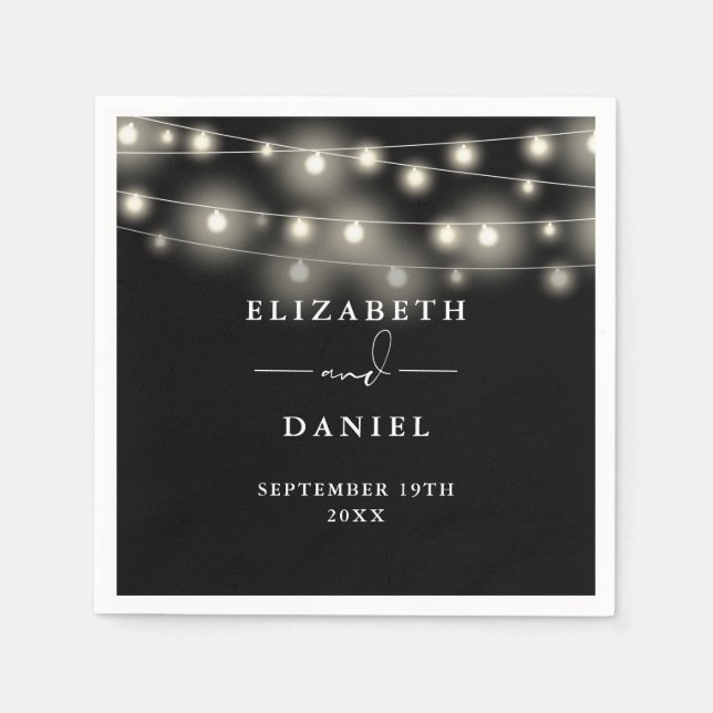 Elegant String Lights Black And White Wedding Pappersservett (Framsidan)