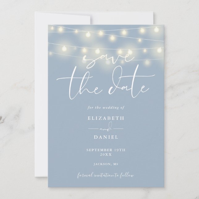 Elegant String Lights Dusty Blue QR Code Wedding Spara Datumet (Framsida)