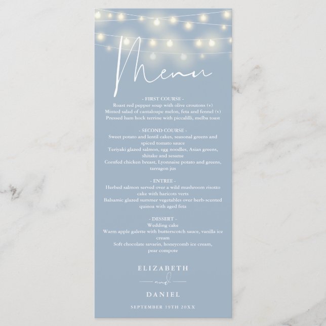 Elegant String Lights Dusty Blue Wedding Dinner Meny (Framsida)