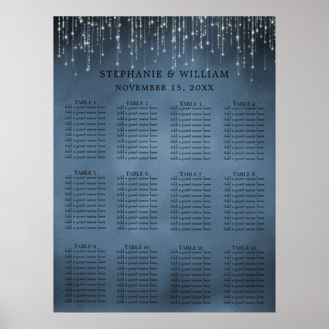 Elegant String Lights Navy Blue Seating Chart Poster (Framsidan)