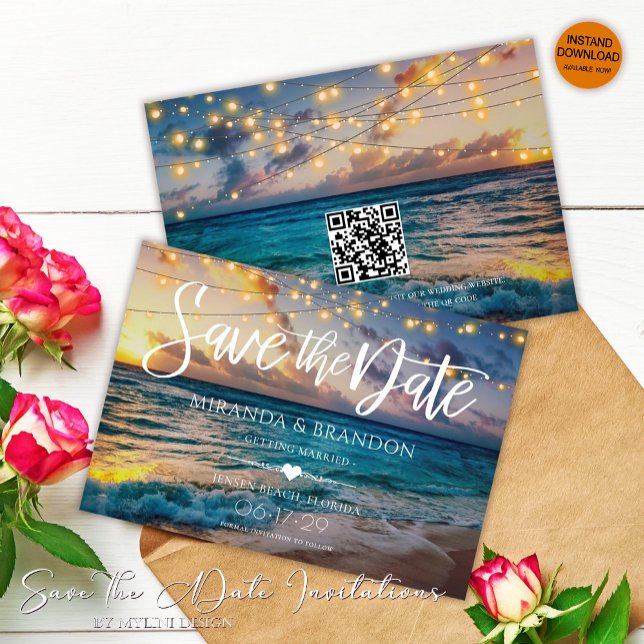 Elegant String Ljus QR Code Sunset Beach Wedding Spara Datumet (Skapare uppladdad)