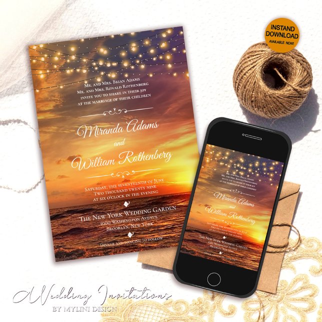 Elegant String Ljus Sommar-sunset Beach Wedding Inbjudningar (Skapare uppladdad)