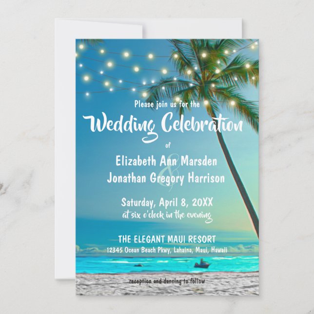 Elegant String Ljus Tropical Beach Wedding Inbjudningar (Framsida)