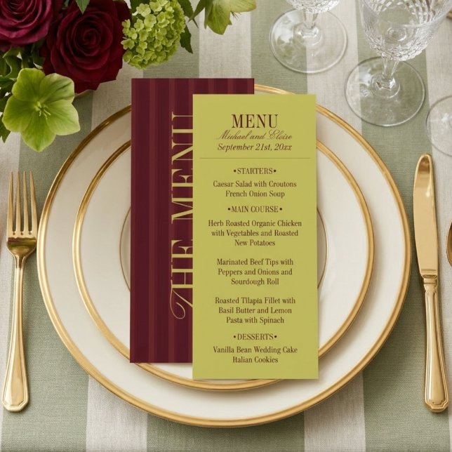 Elegant Stripe Chartreuse Burgundy Wedding Dinner Meny (Elegant Stripe Chartreuse Burgundy Wedding Dinner Menu)