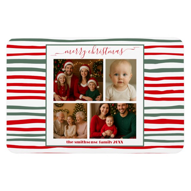 Elegant Stripe family Photo merry Christmas modern Magnet (Horisontell)