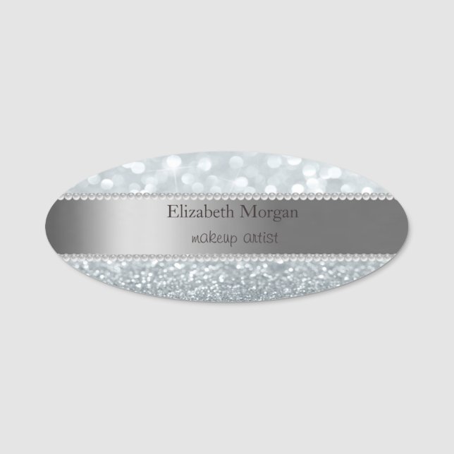 Elegant Stripe, Pärlor,Silver Glitter Bokeh Namnbricka (Framsida)