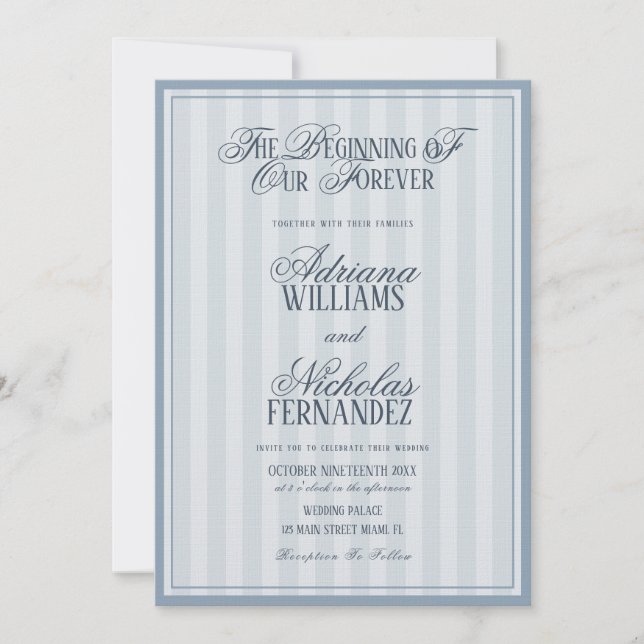 Elegant Striped Blue Wedding Invitation Inbjudningar (Framsida)