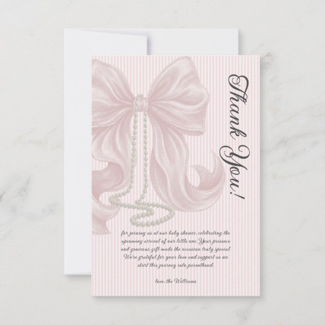 Elegant Striped Bow Ivory Pink Baby Shower Tack Kort (Framsida)