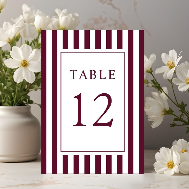  Elegant Striped Burgundy Wedding Bordsnummer (Elegant Striped Burgundy Wedding Table Number)