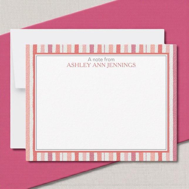 Elegant Striped Pink Personalized Stationery Anteckningskort (Elegant striped pink watercolor personalized notecard with custom name)