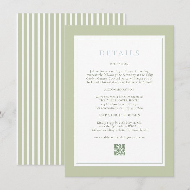 Elegant Stripes Sage Wedding Details Card Tilläggskort (Fram/baksida)