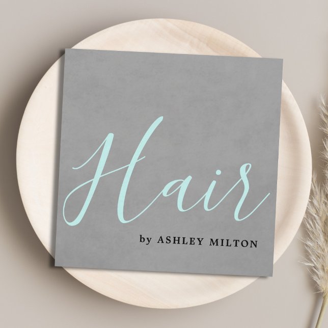 Elegant Struktur Grått-turkos Typografi Hair Fyrkantigt Visitkort (Skapare uppladdad)