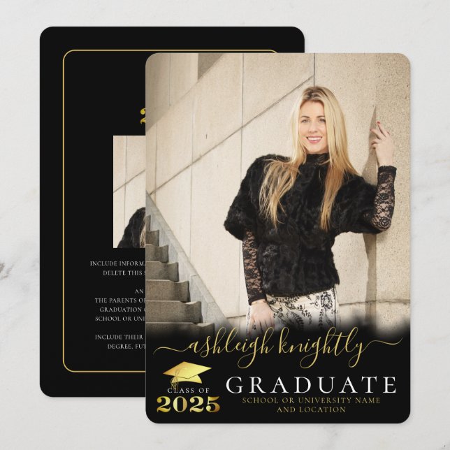 Elegant Student 2025 Black Guld Script 2-foton Meddelande (Fram/baksida)