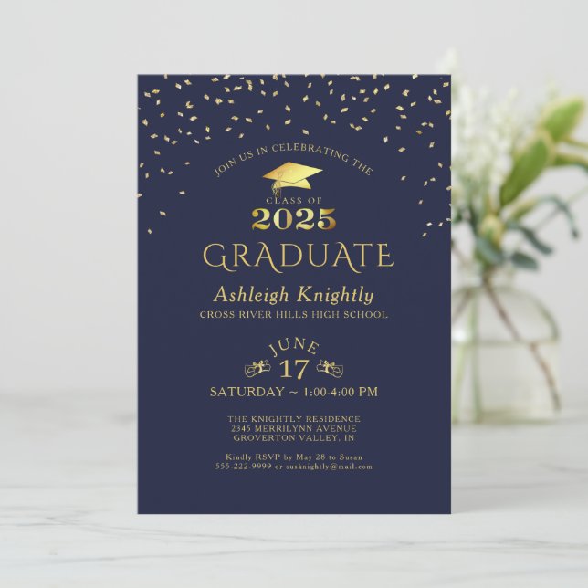Elegant Student 2025: Guld Konfetti Inbjudningar (Stående Fram)