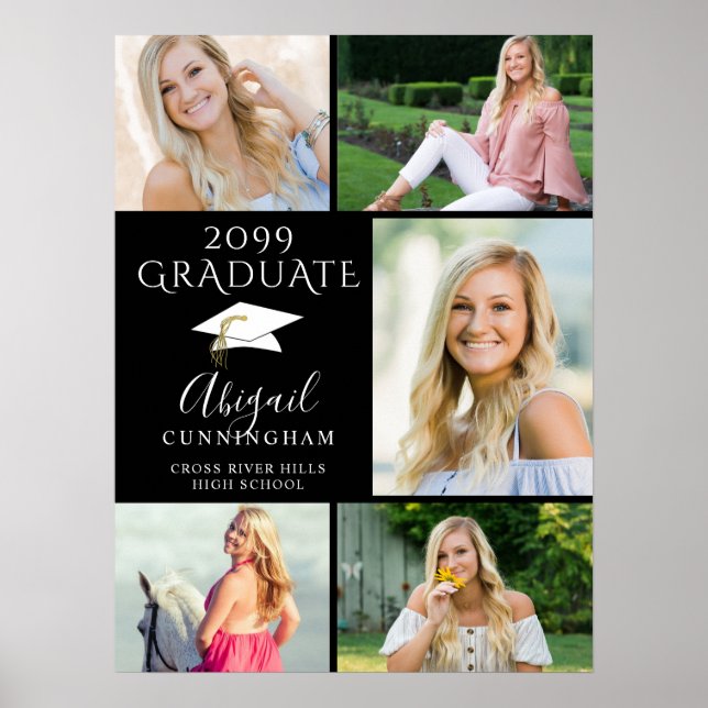 Elegant Student 5 Photo Collage Black White Poster (Framsidan)