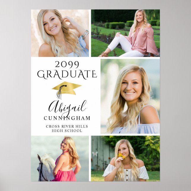 Elegant Student 5 Photo Collage Faux Guld Cap Poster (Framsidan)