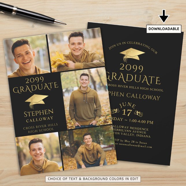 Elegant Student Black Guld Cap 5 Fotokollage Inbjudningar (Skapare uppladdad)