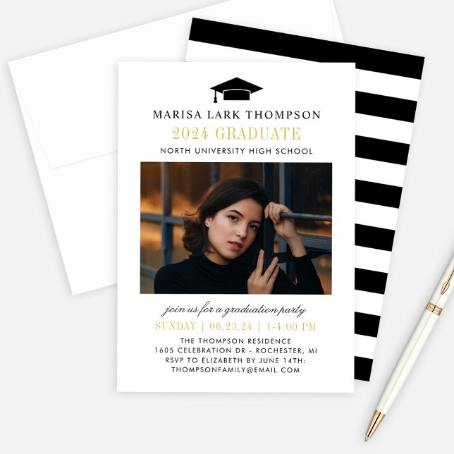 Elegant Student Black och Guld Photo Studenten Inbjudningar (Skapare uppladdad)