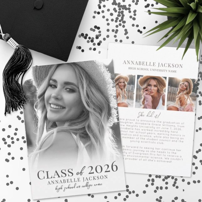 Elegant Student Black & White Photo Studenten Meddelande (Elegant Graduate Black & White Photo Graduation Announcement)